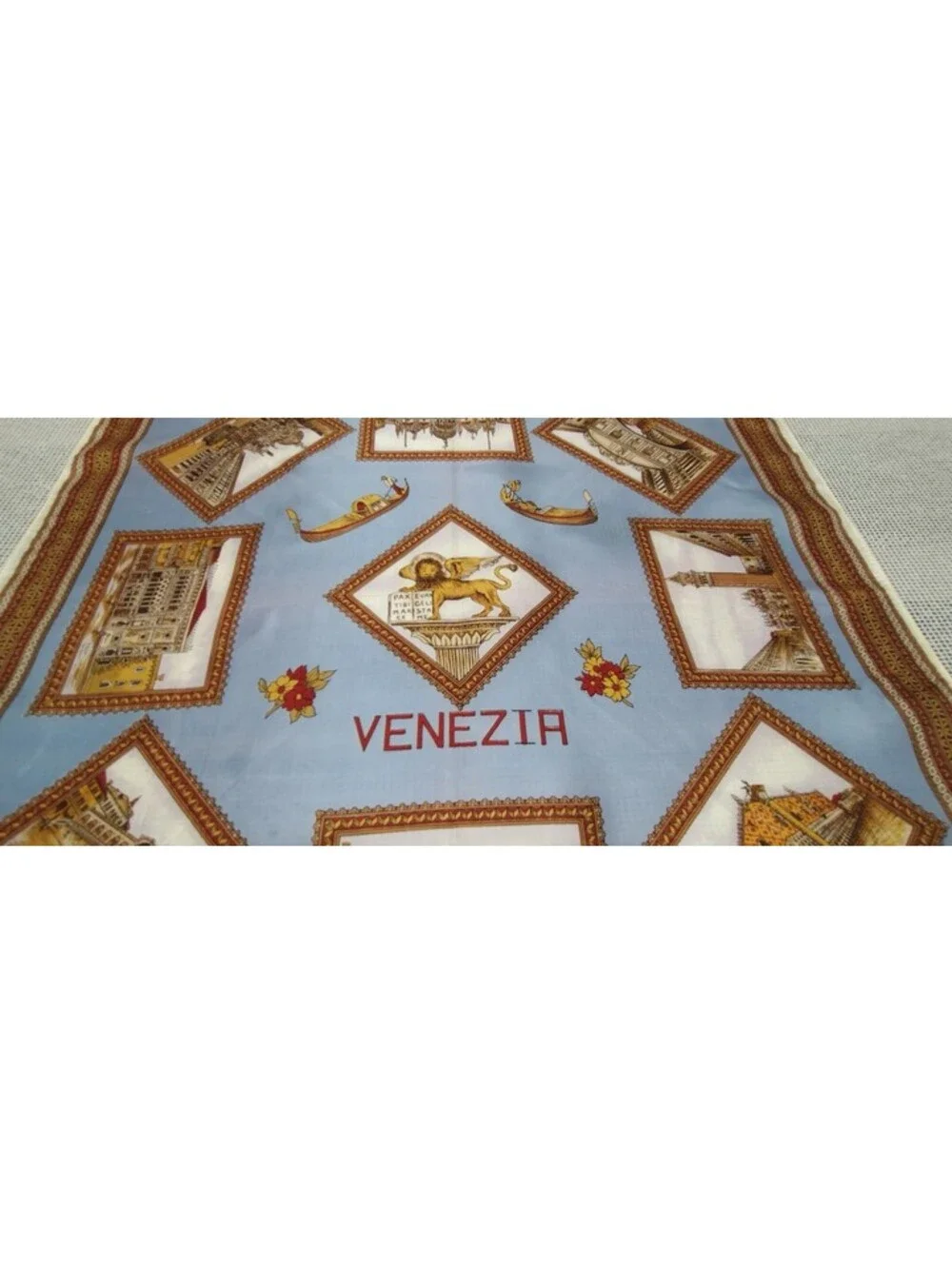 Vintage 50s 60s VENEZIA ITALY Scarf Souvenir Brown Blue Acetate Rayon Sateen